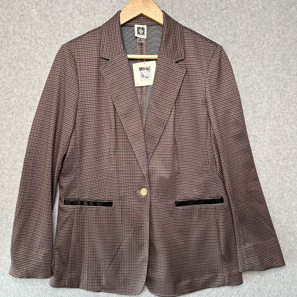 Anne Klein Blazer Womens M Brown‎ Plaid Checked Career Office Coat Jacket New